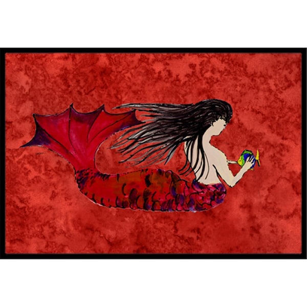 Carolines Treasures Black Haired Mermaid On Red Indoor and Outdoor Mat- 18 x 27 in. 8726MAT - main